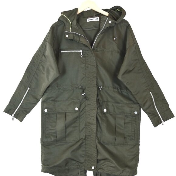 Whistles Olive Green Parka Coat M Hooded Utility Zip Pockets Minimalist Gorpcore - Picture 2 of 11